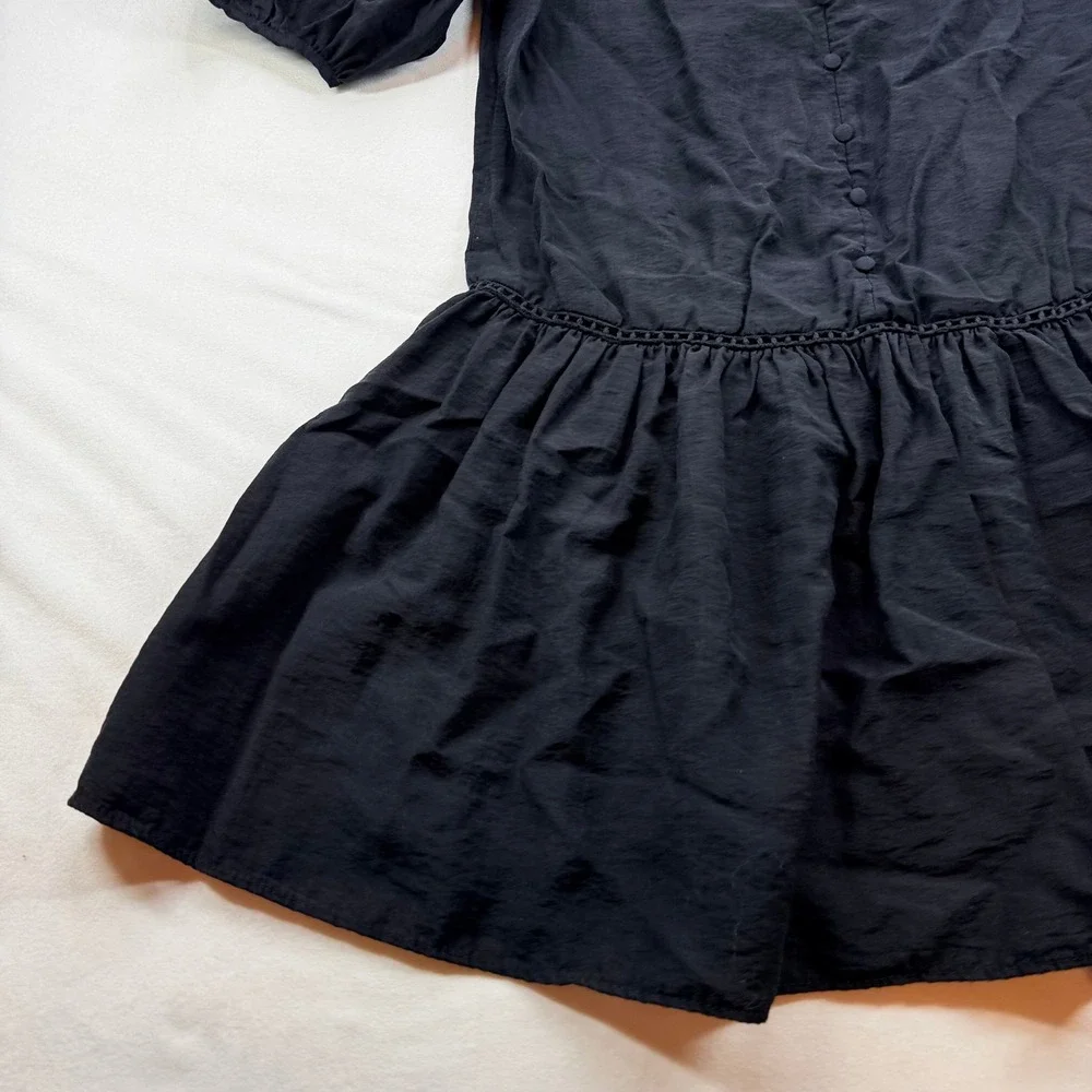 Zara Black Puff Sleeve Ruffle Neck Mini Dress Dropped Waist Medium